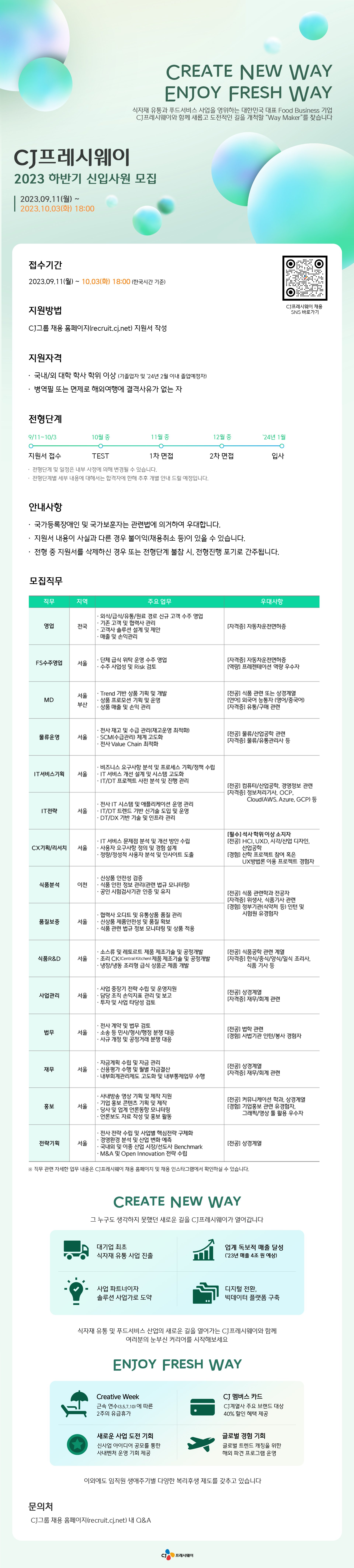 [CJ프레시웨이] 2023년 하반기 CJ프레시웨이 신입사원 모집